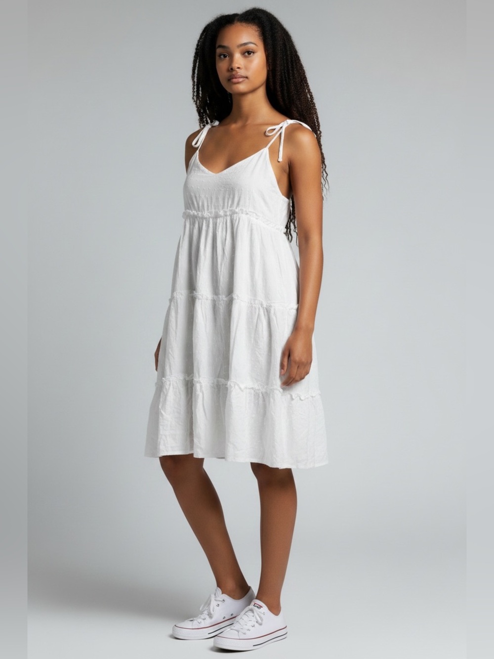 SHIEN US-14/XXL White Tie-Shoulder Tiered Midi Sundress NWT Cruise Travel Summer